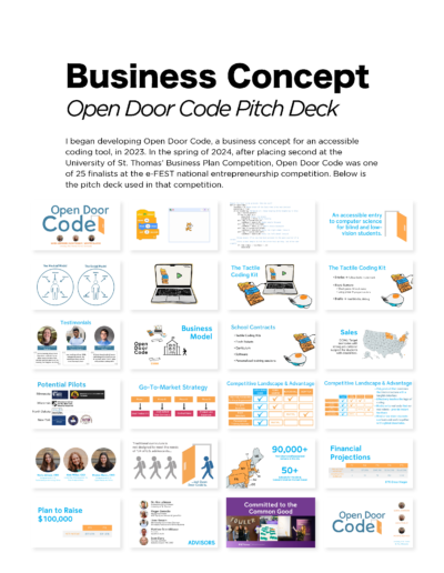A business pitch deck for an accessible coding product concept