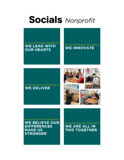 Simple square graphics that highlight the core values of Second Harvest Heartland